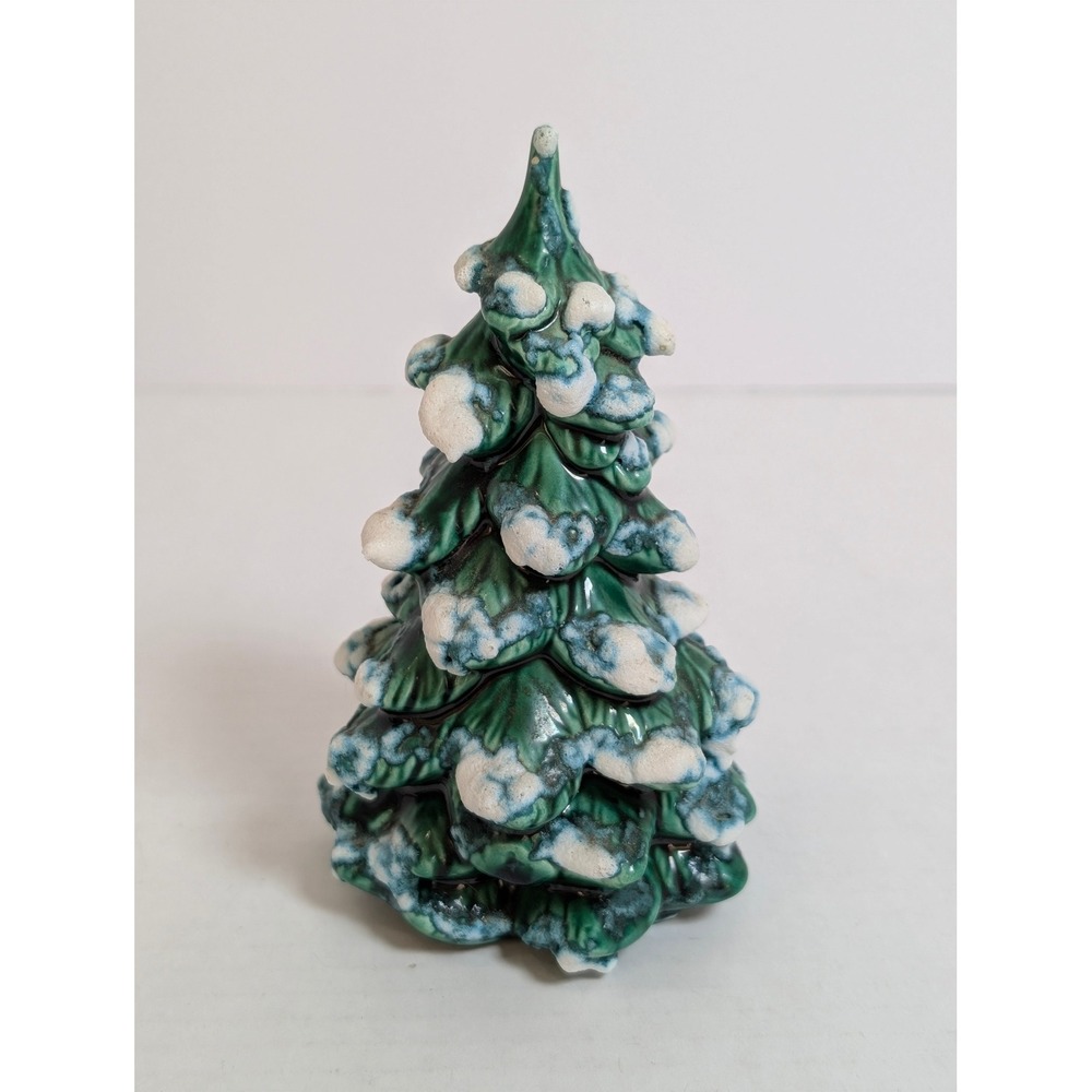 Vintage 1983 Ceramic Christmas Tree Snow Tipped Green Glazed Holiday Decor 6"